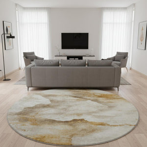 HomeRoots 8' Beige Gold and Ivory Abstract Machine-Washable Round Rug with UV Protection for Family Spaces 701566