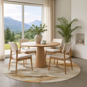 HomeRoots 8' Beige Gold and Ivory Abstract Machine-Washable Round Rug with UV Protection for Family Spaces 701566