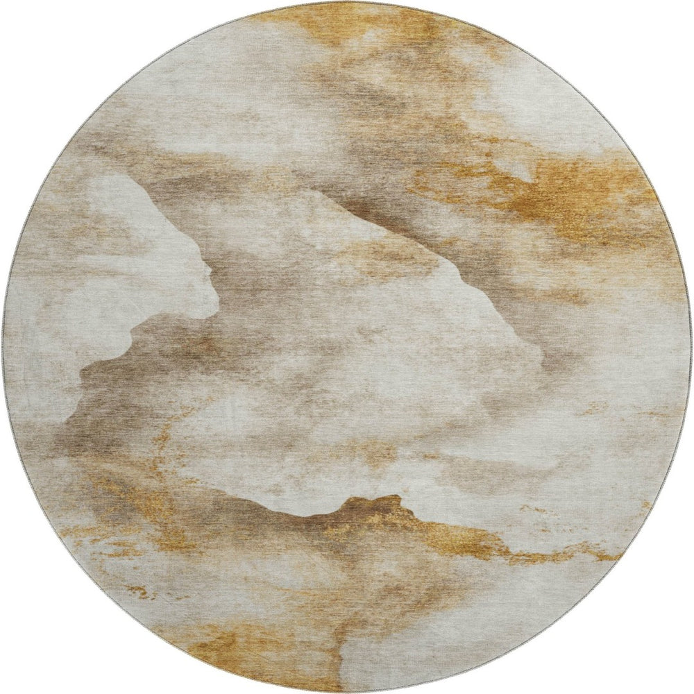 HomeRoots 8' Beige Gold and Ivory Abstract Machine-Washable Round Rug with UV Protection for Family Spaces 701566
