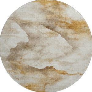 HomeRoots 8' Beige Gold and Ivory Abstract Machine-Washable Round Rug with UV Protection for Family Spaces 701566