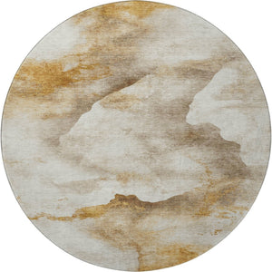 HomeRoots 8' Beige Gold and Ivory Abstract Machine-Washable Round Rug with UV Protection for Family Spaces 701566