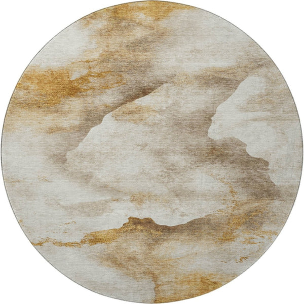 HomeRoots 8' Beige Gold and Ivory Abstract Machine-Washable Round Rug with UV Protection for Family Spaces 701566