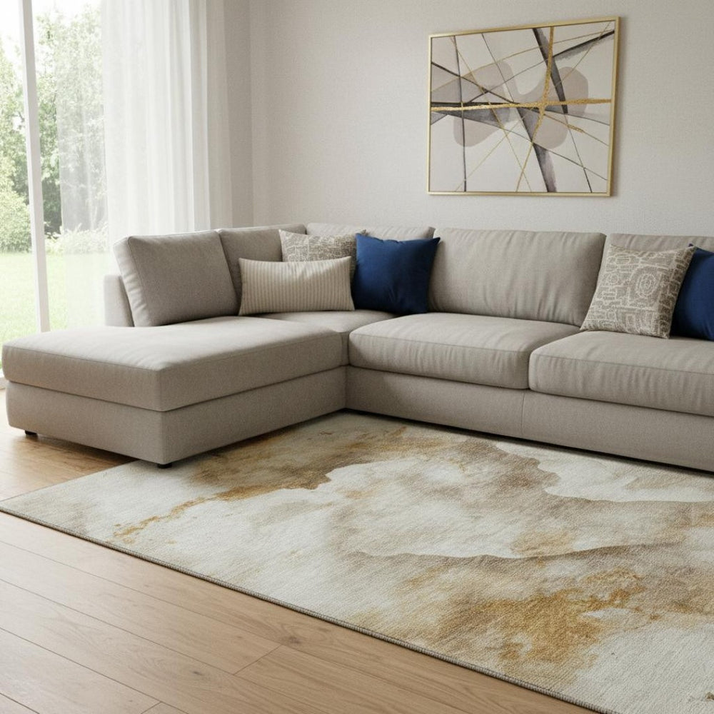 HomeRoots 8' X 10' Washable Beige Gold Ivory Abstract Area Rug - UV Protection, Stain Resistant, Modern Design 701567