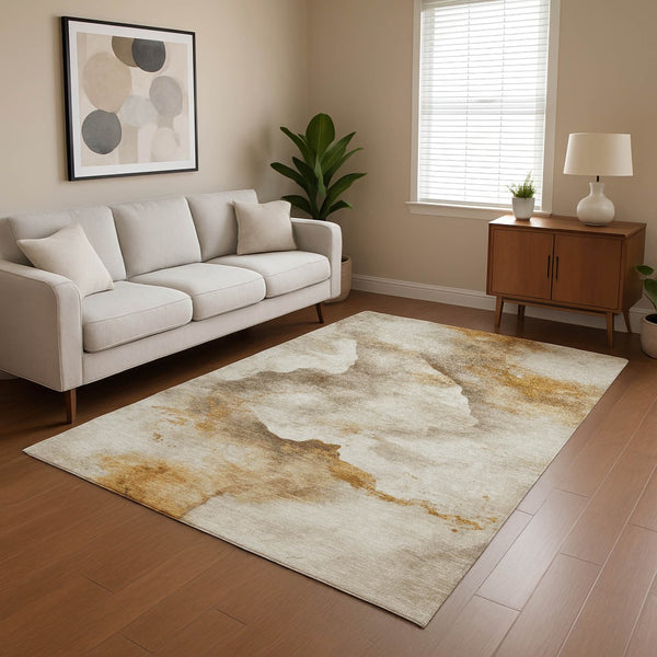 HomeRoots 8' X 10' Washable Beige Gold Ivory Abstract Area Rug - UV Protection, Stain Resistant, Modern Design 701567