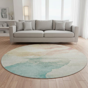 HomeRoots 8' Pearl Teal And Ivory Abstract Round Rug - Washable, UV Protected, Durable for Busy Homes! 701572
