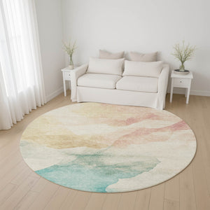 HomeRoots 8' Pearl Teal And Ivory Abstract Round Rug - Washable, UV Protected, Durable for Busy Homes! 701572