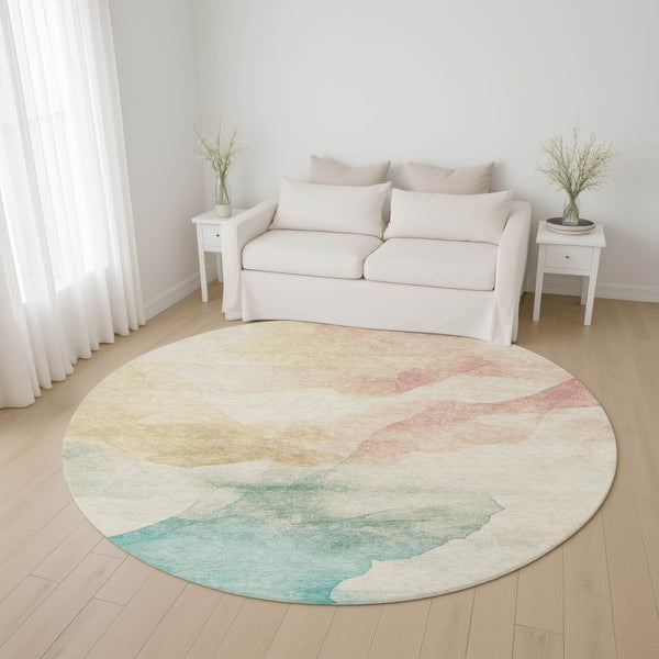 HomeRoots 8' Pearl Teal And Ivory Abstract Round Rug - Washable, UV Protected, Durable for Busy Homes! 701572