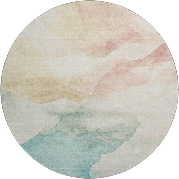 HomeRoots 8' Pearl Teal And Ivory Abstract Round Rug - Washable, UV Protected, Durable for Busy Homes! 701572