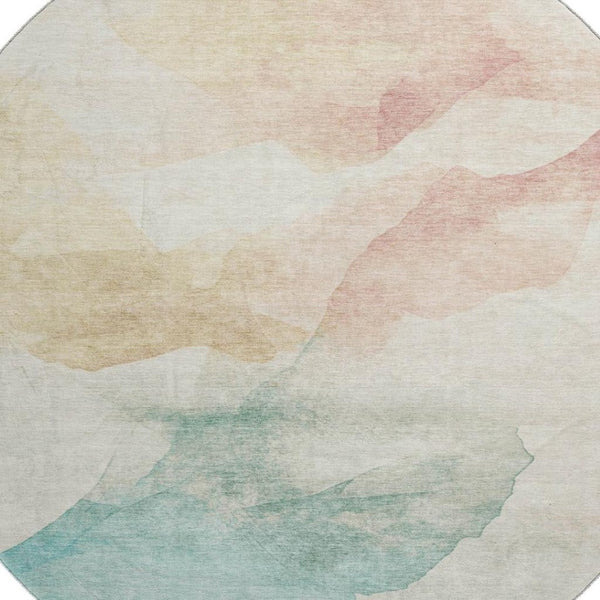 HomeRoots 8' Pearl Teal And Ivory Abstract Round Rug - Washable, UV Protected, Durable for Busy Homes! 701572