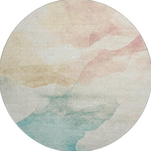 HomeRoots 8' Pearl Teal And Ivory Abstract Round Rug - Washable, UV Protected, Durable for Busy Homes! 701572