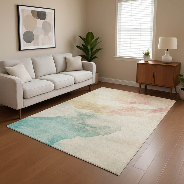 HomeRoots 8' X 10' Pearl Teal and Ivory Abstract Area Rug – Washable, UV-Protected, Family-Friendly Style! 701573