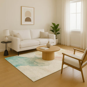 HomeRoots 8' X 10' Pearl Teal and Ivory Abstract Area Rug – Washable, UV-Protected, Family-Friendly Style! 701573