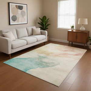 HomeRoots 9' X 12' Pearl Teal Abstract Area Rug – Washable, UV-Protected, Durable Design for Family Spaces 701574