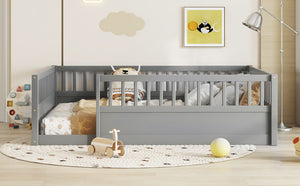 English Elm Full Montessori Floor Bed Frame with Fence for Kids — Pine Play & Reading Space, Sturdy Low Profile Gray W1580P307886