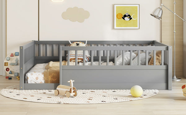 English Elm Full Montessori Floor Bed Frame with Fence for Kids — Pine Play & Reading Space, Sturdy Low Profile Gray W1580P307886