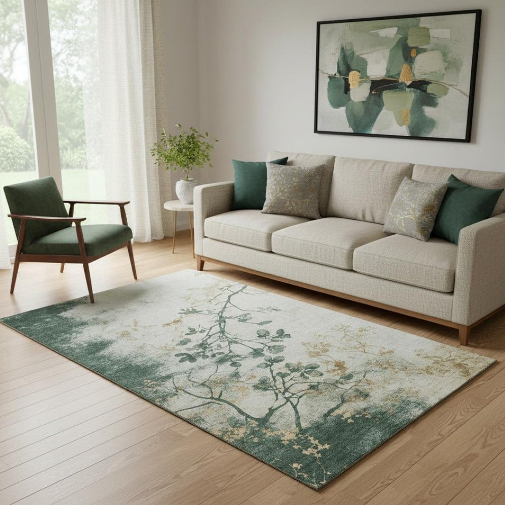 HomeRoots 5' X 8' Washable Area Rug in Emerald, Ivory & Gold Floral Design – Stain-Resistant, UV-Protected! 701577