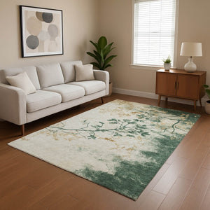 HomeRoots 5' X 8' Washable Area Rug in Emerald, Ivory & Gold Floral Design – Stain-Resistant, UV-Protected! 701577