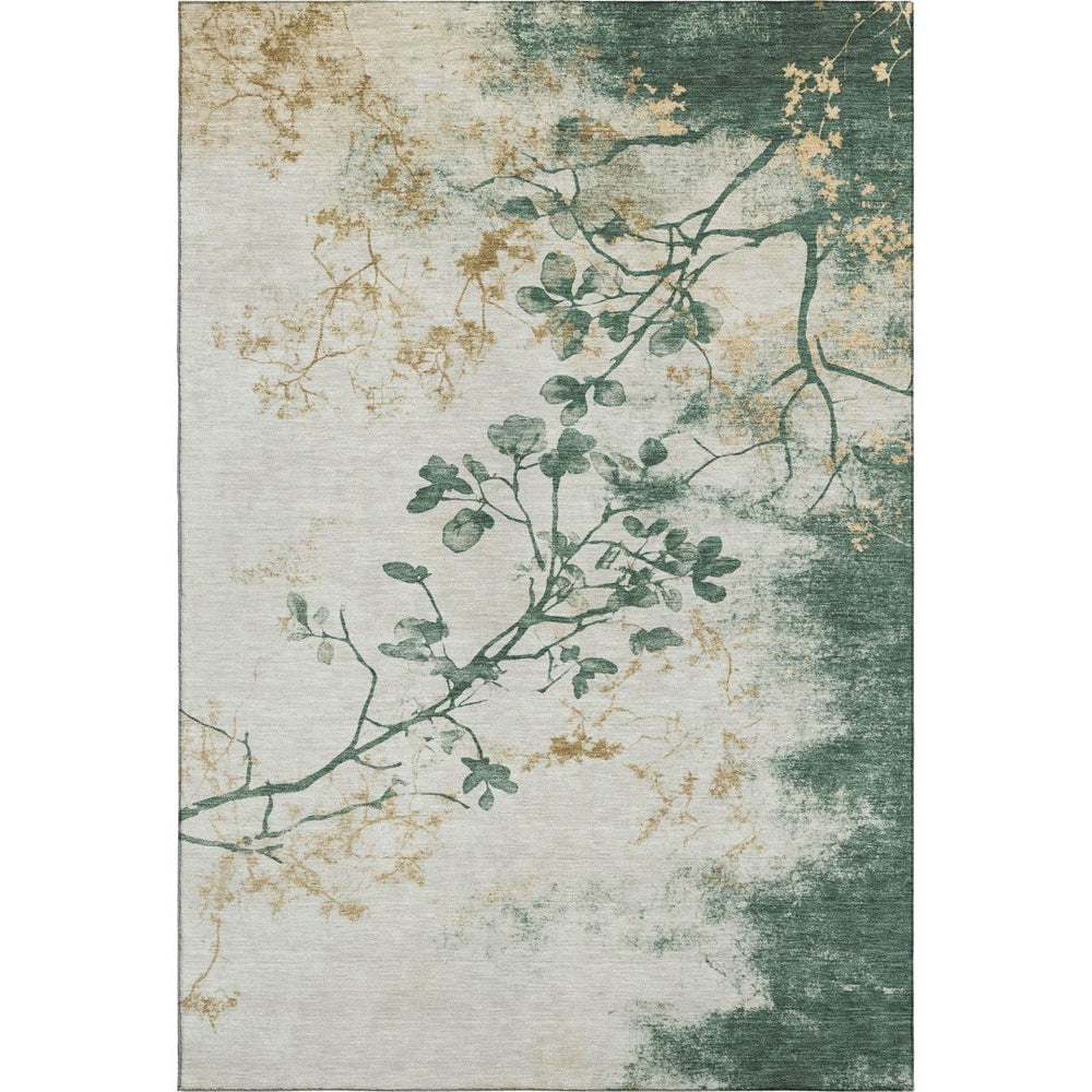 HomeRoots 5' X 8' Washable Area Rug in Emerald, Ivory & Gold Floral Design – Stain-Resistant, UV-Protected! 701577