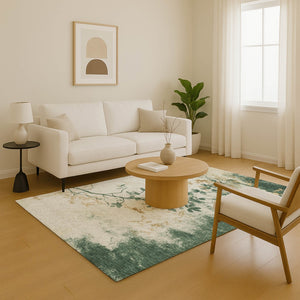 HomeRoots 5' X 8' Washable Area Rug in Emerald, Ivory & Gold Floral Design – Stain-Resistant, UV-Protected! 701577
