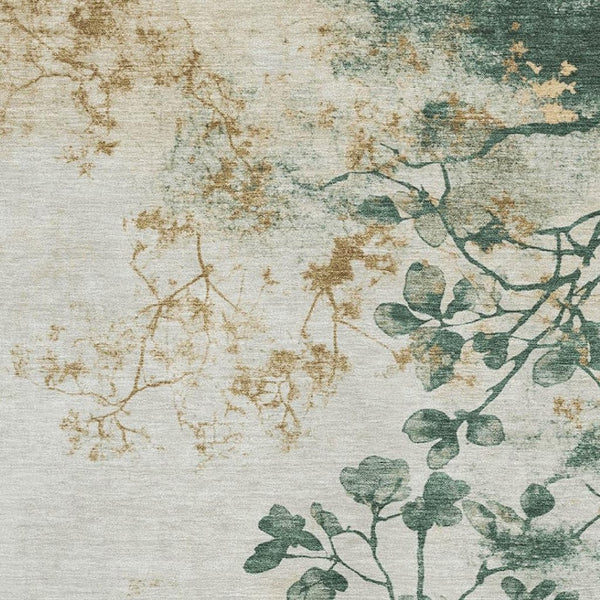 HomeRoots 5' X 8' Washable Area Rug in Emerald, Ivory & Gold Floral Design – Stain-Resistant, UV-Protected! 701577