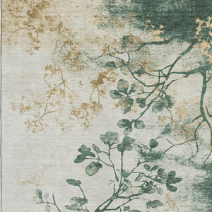 HomeRoots 5' X 8' Washable Area Rug in Emerald, Ivory & Gold Floral Design – Stain-Resistant, UV-Protected! 701577