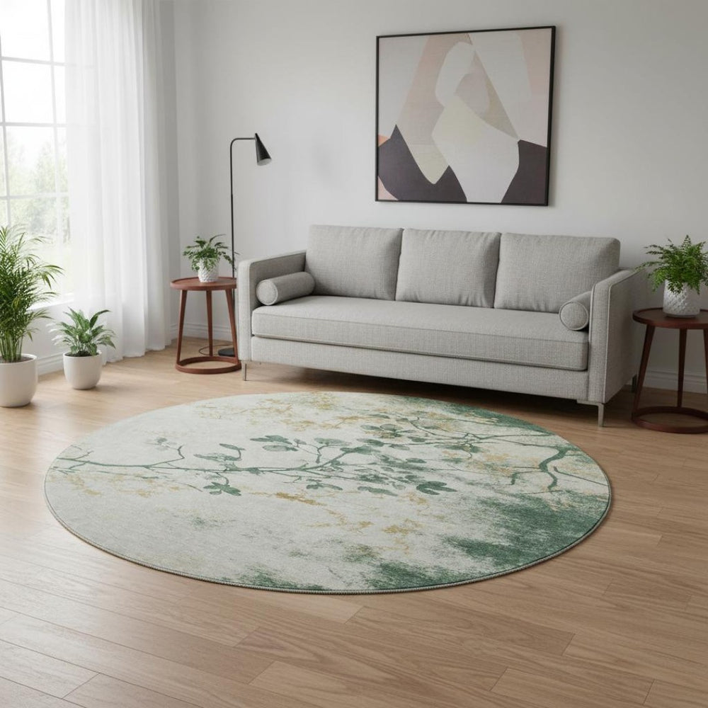 HomeRoots 8' Elegant Emerald, Ivory & Gold Floral Washable Round Rug with UV Protection for Everyday Use 701578