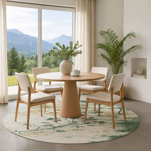 HomeRoots 8' Elegant Emerald, Ivory & Gold Floral Washable Round Rug with UV Protection for Everyday Use 701578