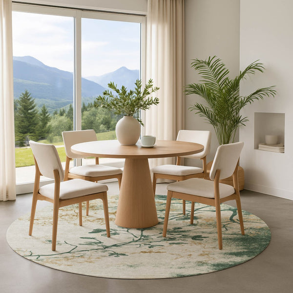 HomeRoots 8' Elegant Emerald, Ivory & Gold Floral Washable Round Rug with UV Protection for Everyday Use 701578