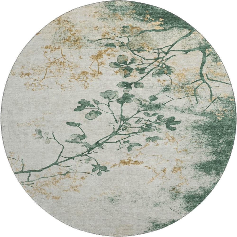 HomeRoots 8' Elegant Emerald, Ivory & Gold Floral Washable Round Rug with UV Protection for Everyday Use 701578