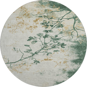 HomeRoots 8' Elegant Emerald, Ivory & Gold Floral Washable Round Rug with UV Protection for Everyday Use 701578