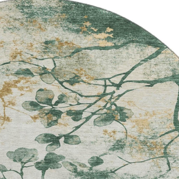 HomeRoots 8' Elegant Emerald, Ivory & Gold Floral Washable Round Rug with UV Protection for Everyday Use 701578