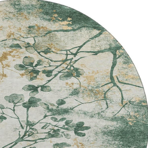 HomeRoots 8' Elegant Emerald, Ivory & Gold Floral Washable Round Rug with UV Protection for Everyday Use 701578