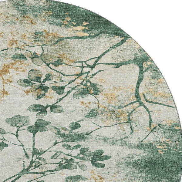 HomeRoots 8' Elegant Emerald, Ivory & Gold Floral Washable Round Rug with UV Protection for Everyday Use 701578