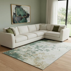 HomeRoots 8' X 10' Emerald Ivory & Gold Floral Area Rug – Washable, UV-Protected, Durable for Homes with Kids & Pets 701579