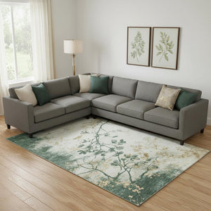HomeRoots 9' X 12' Elegant Emerald Ivory Gold Floral Area Rug - Washable, UV Protected, Durable & Stylish 701580