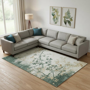 HomeRoots 10' X 14' Emerald Ivory Gold Floral Washable Area Rug - Stain Resistant, UV Protected, Durable Charm 701581