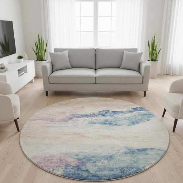 HomeRoots 8' Pearl Blue & Lavender Abstract Round Rug - Washable, UV Protected, Ideal for Homes with Kids & Pets 701584