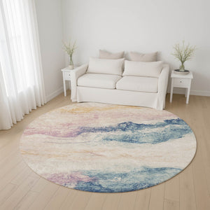 HomeRoots 8' Pearl Blue & Lavender Abstract Round Rug - Washable, UV Protected, Ideal for Homes with Kids & Pets 701584