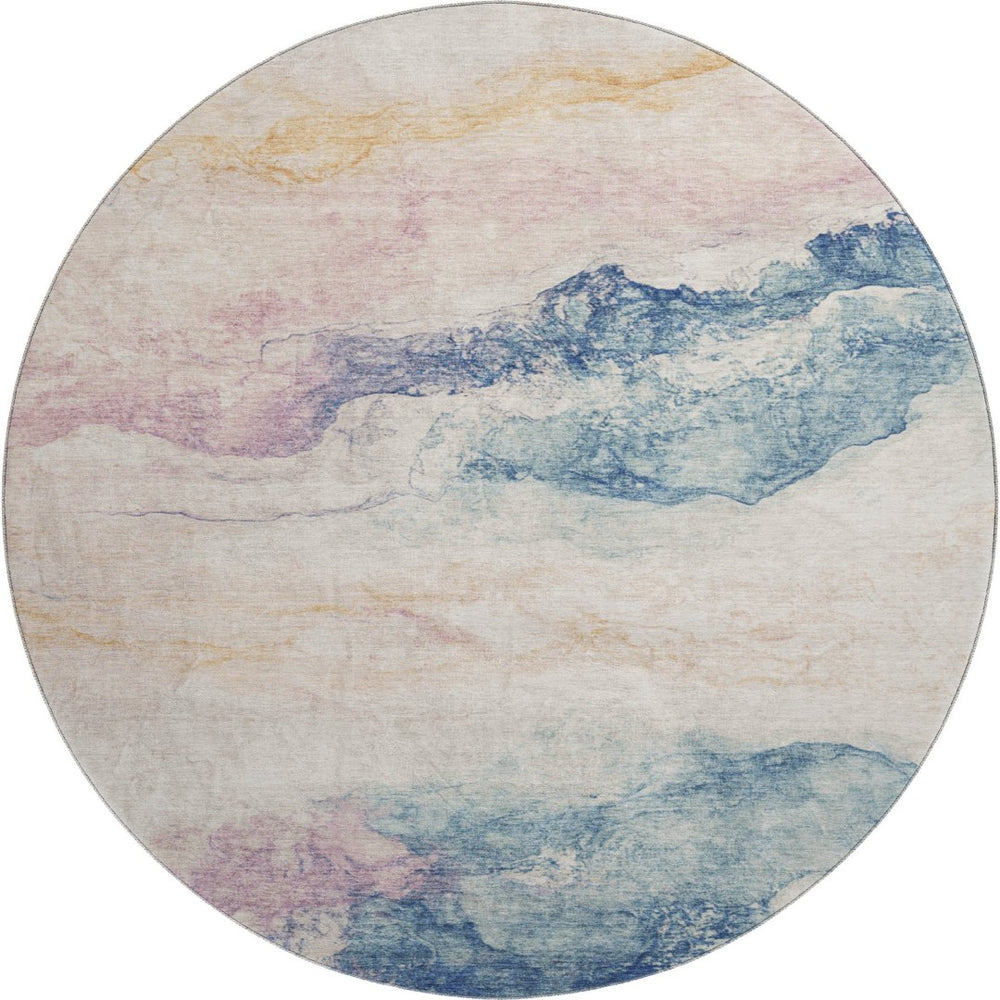 HomeRoots 8' Pearl Blue & Lavender Abstract Round Rug - Washable, UV Protected, Ideal for Homes with Kids & Pets 701584