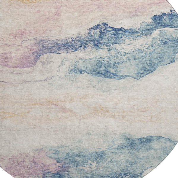 HomeRoots 8' Pearl Blue & Lavender Abstract Round Rug - Washable, UV Protected, Ideal for Homes with Kids & Pets 701584