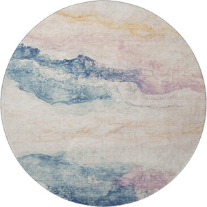 HomeRoots 8' Pearl Blue & Lavender Abstract Round Rug - Washable, UV Protected, Ideal for Homes with Kids & Pets 701584