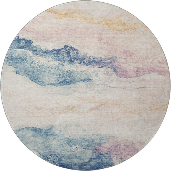 HomeRoots 8' Pearl Blue & Lavender Abstract Round Rug - Washable, UV Protected, Ideal for Homes with Kids & Pets 701584