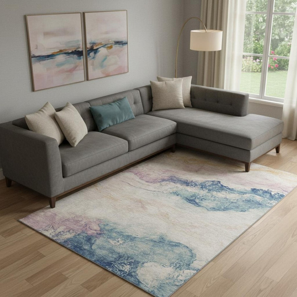 HomeRoots 9' X 12' Pearl Blue & Lavender Abstract Washable Area Rug – Durable, Stylish, UV Protected Design 701586
