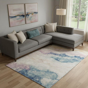 HomeRoots 9' X 12' Pearl Blue & Lavender Abstract Washable Area Rug – Durable, Stylish, UV Protected Design 701586