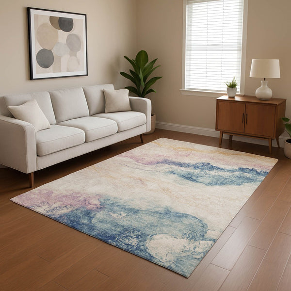 HomeRoots 9' X 12' Pearl Blue & Lavender Abstract Washable Area Rug – Durable, Stylish, UV Protected Design 701586