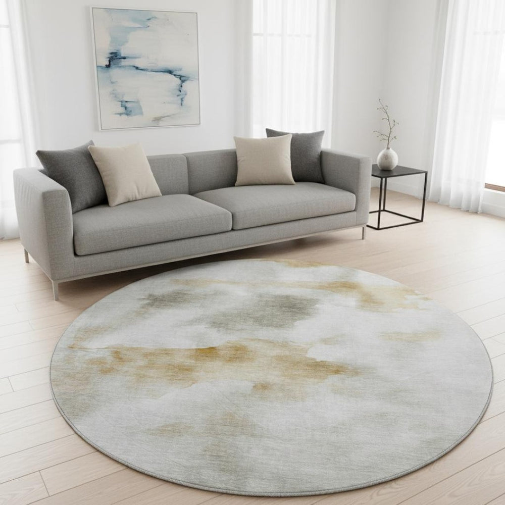 HomeRoots 8' Washable Round Rug in Beige Gray and Copper - Stylish, Stain Resistant, and UV Protected Design 701590