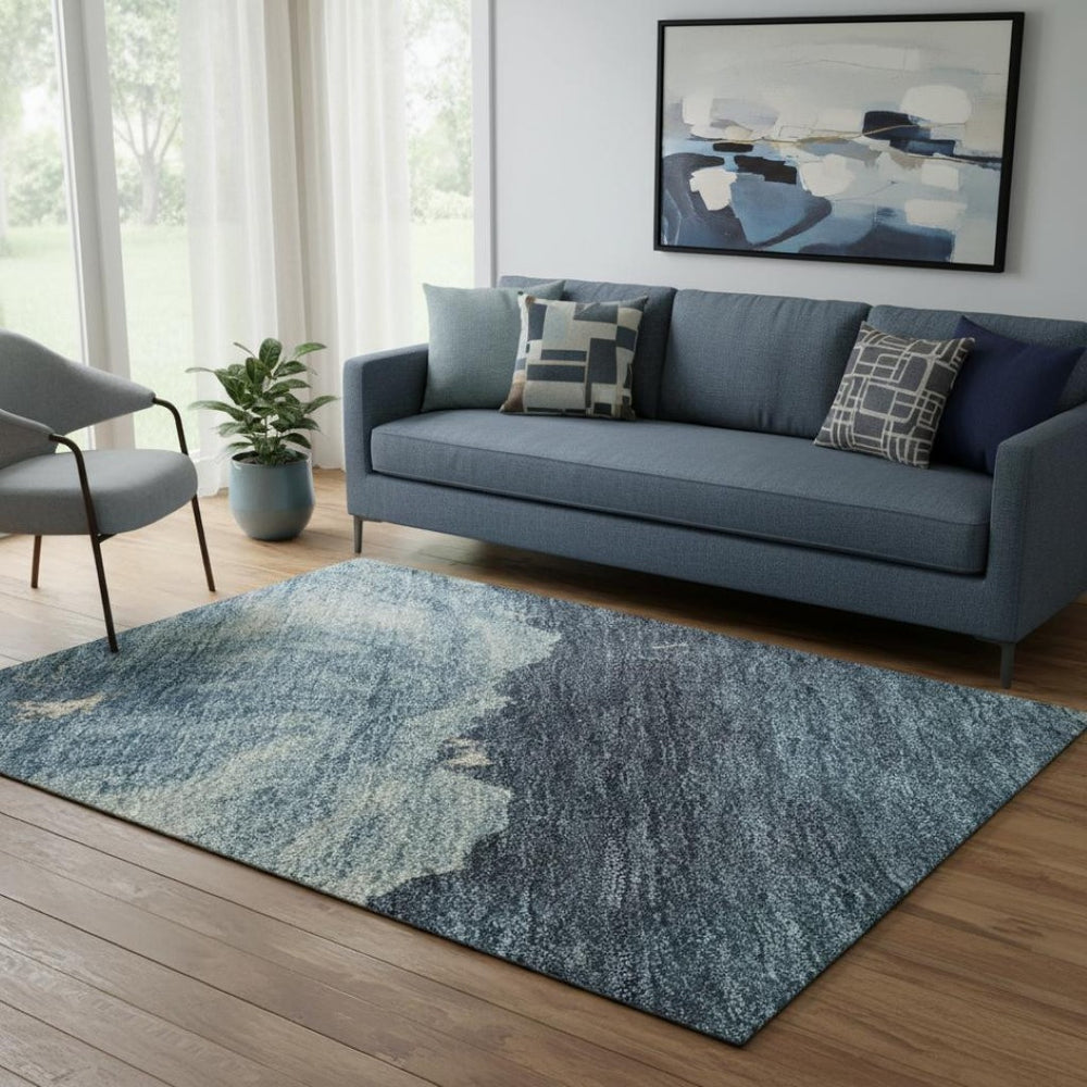 HomeRoots 5' X 8' Navy Blue & Ivory Abstract Area Rug - Washable, UV Resistant, Durable for High-Traffic Areas 701595