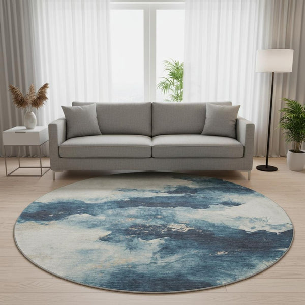 HomeRoots 8' Navy Blue and Ivory Abstract Round Rug - Washable, UV Protected, Stylish for Modern Living Spaces 701596