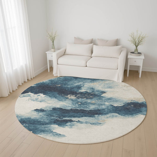 HomeRoots 8' Navy Blue and Ivory Abstract Round Rug - Washable, UV Protected, Stylish for Modern Living Spaces 701596