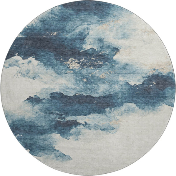 HomeRoots 8' Navy Blue and Ivory Abstract Round Rug - Washable, UV Protected, Stylish for Modern Living Spaces 701596